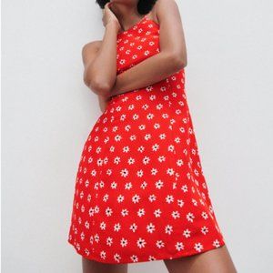 Zara Red Linen High Neck Daisy Print Mini Dress